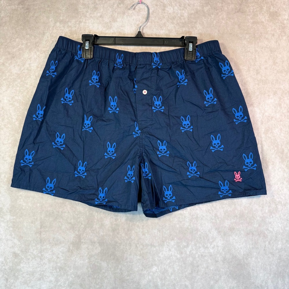 Psycho Bunny Boxer Shorts Men XL Navy Blue Bunny Print Cotton Underwear